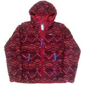 Patagonia Retro-X Deep Pile Sherpa Hoodie Jacket Red & Blue Women’s Size M Aztec